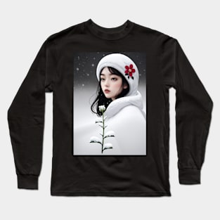Young Woman in a Snowy Winter Scene Long Sleeve T-Shirt